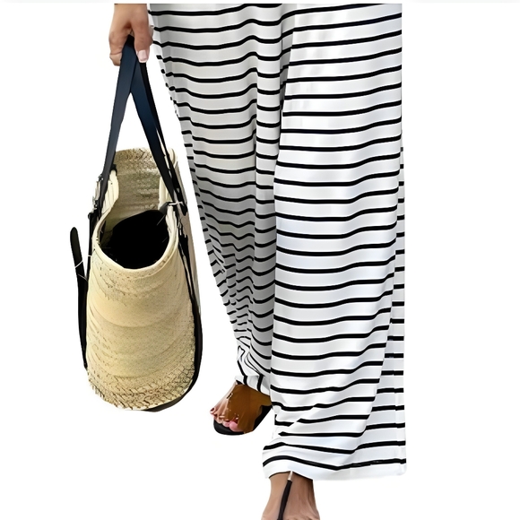 NEW! White Striped Pocket Casual Drawstring Wide LegPants - Picture 5 of 16